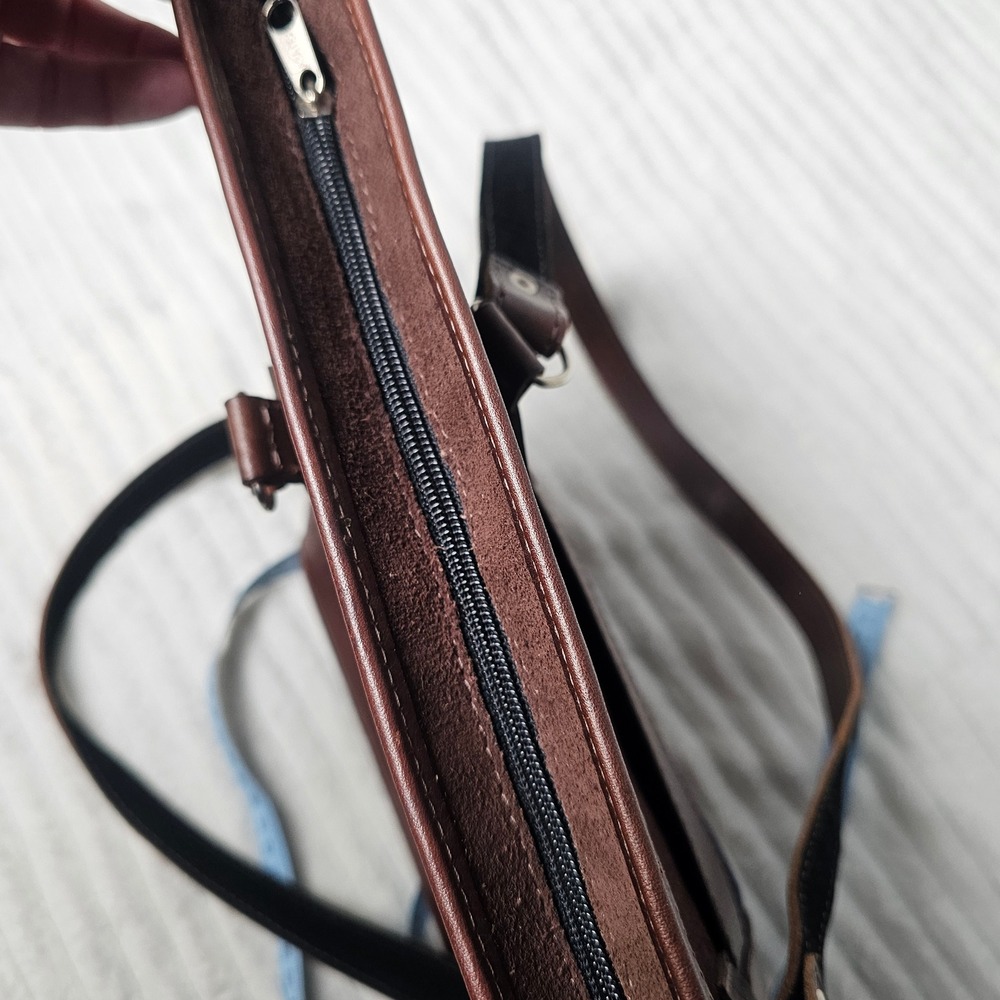Handmade Bolivian Leather Suede Tote Bag Brown Geometric Woven Textile Artisan‎ - Picture 11 of 12